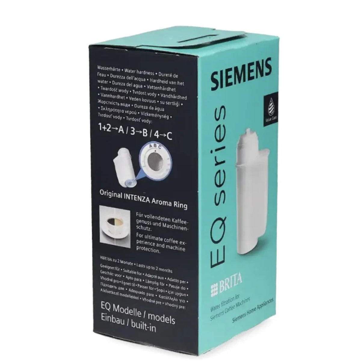 Krabica filtračnej patróny Siemens Brita Intenza EQ series v tyrkysovo‑čiernom prevedení s obrázkom filtra a popismi