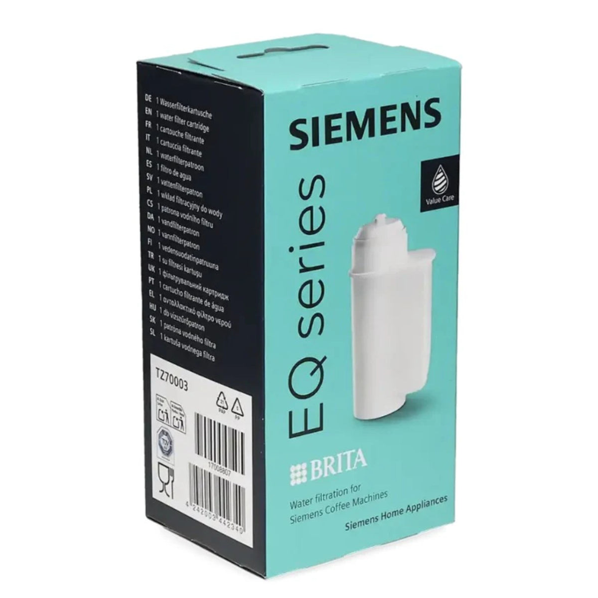 Tyrkysovo‑čierna krabička Siemens EQ series s obrázkom bielej filtračnej patróny Brita a označením TZ70003