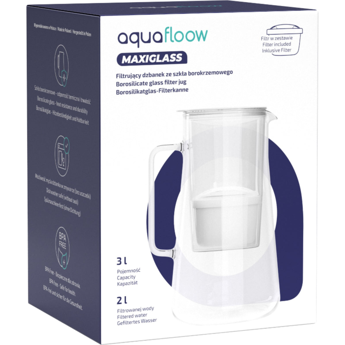 Aquafloow MaxiGlass glass filter pitcher 3L + 1x filter cartridge