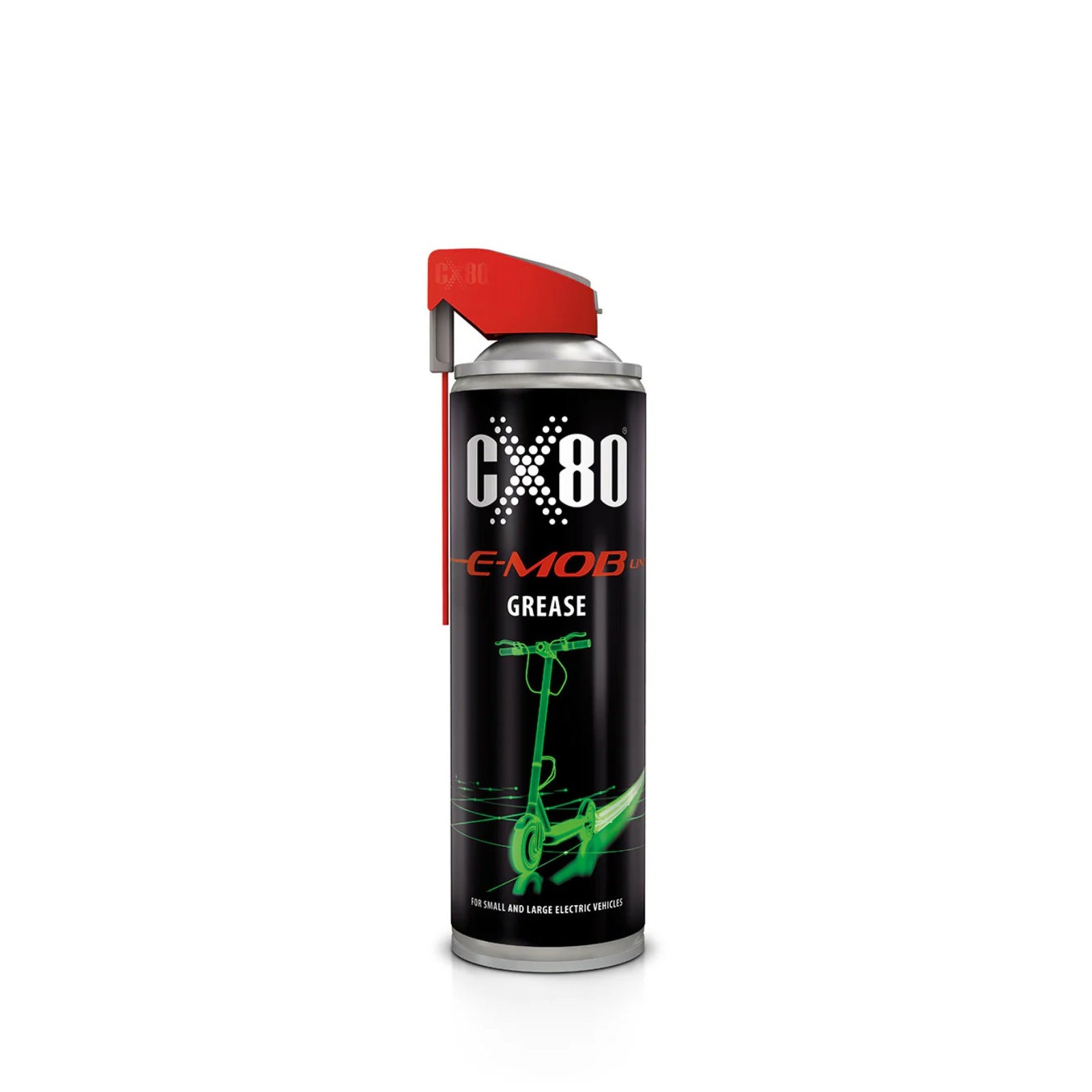black aerosol bottle CX-80 E-MOB GREASE 500 ml with red sprayer and green image of an electric scooter