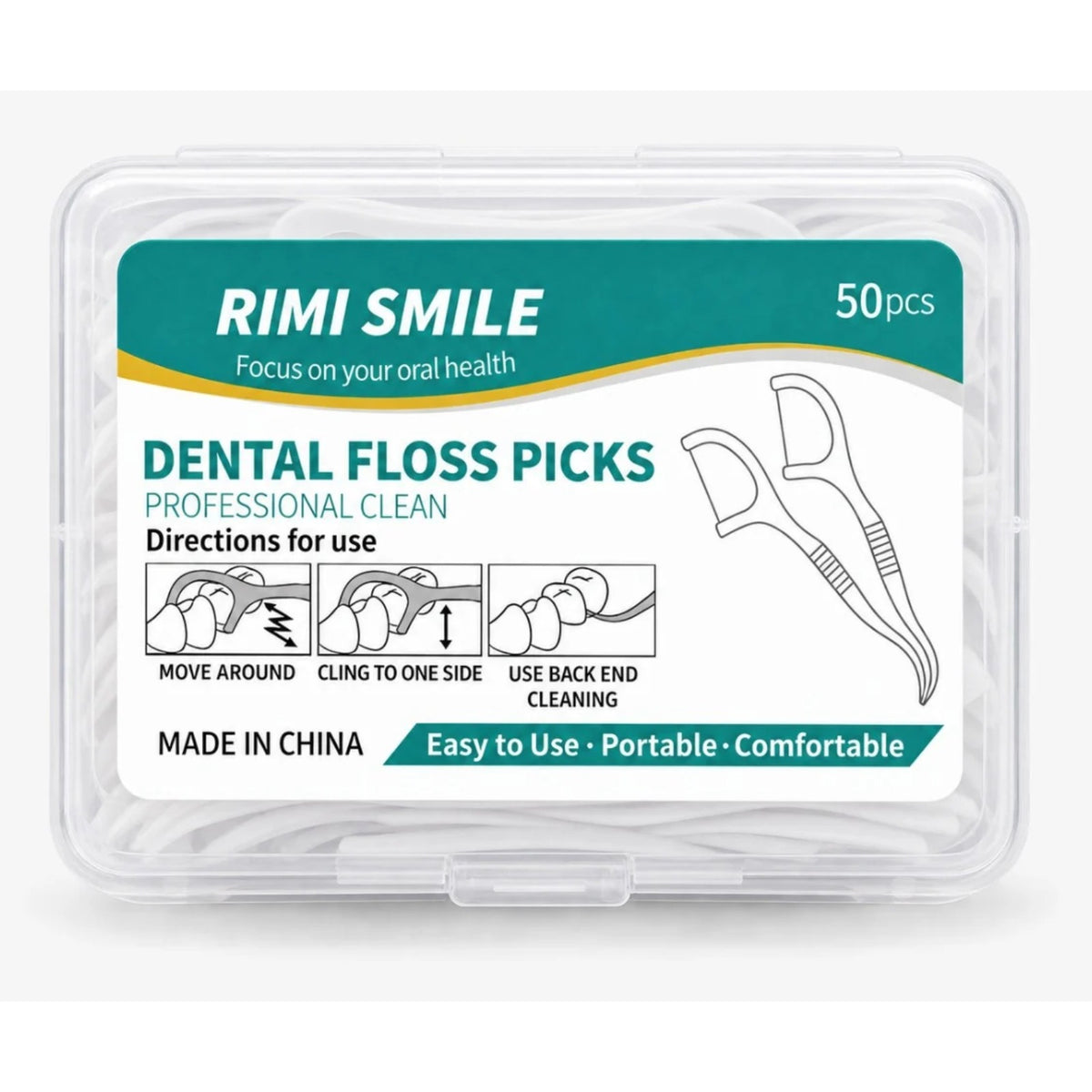 Medzizubné páratká so zubnou niťou RIMI SMILE – 50 ks, biele plastové púzdro s návodom a ilustráciami použitia