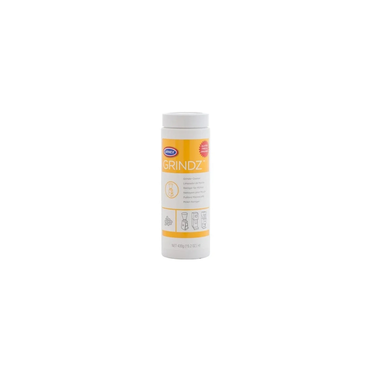 White plastic canister Urnex Grindz 430 g with yellow label for cleaning coffee grinders