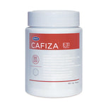White plastic canister Urnex Cafiza E31 with red label, contents 100×2 g cleaning tablets for coffee machines